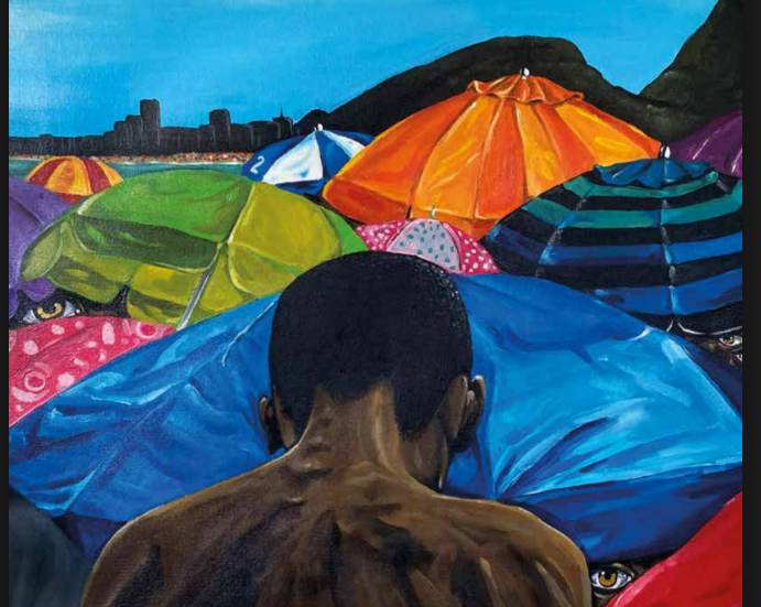 Imagem colorida com um jovem preto de costas e ao fundo vários guarda-sóis de muitas cores. No canto inferior direito há um olho como que observando uma presa.